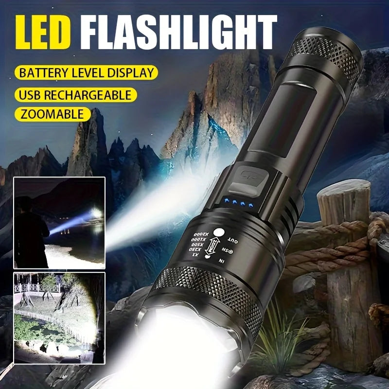 Ultra Bright LED Flashlight 2000LM Type-C Rechargeable Long Range Zoom Tactical Torch Outdoor Emergency Camping Fishing Lantern
